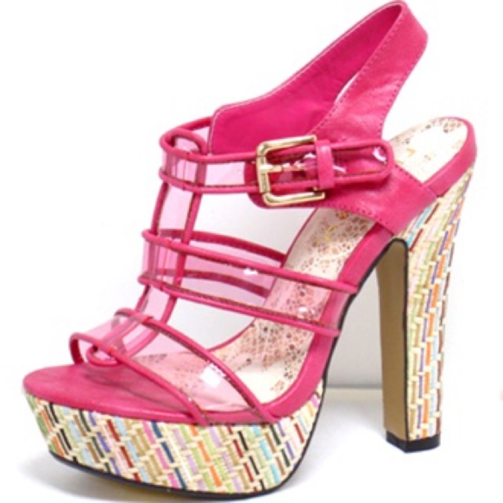 Open toe multi-color platform fuchsia heels